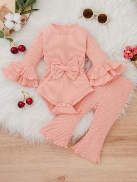 

baby flounce sleeve bow front bodysuit & flare leg pants she, White