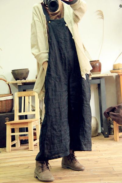 

women simple loose solid color ramie jumpsuits ladies vintage thin summer ramie overalls female 2020 ramie rompers, Black;white