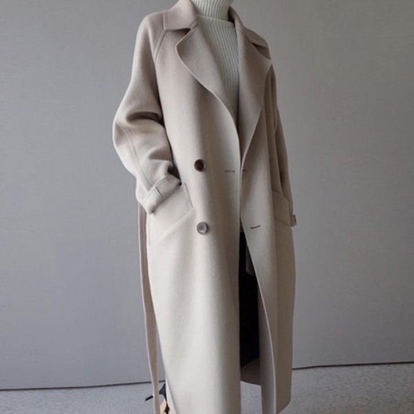

women's wool & blends women winter coats 2021 autumn and large size solid color lapel loose long double-sided coat female, Black