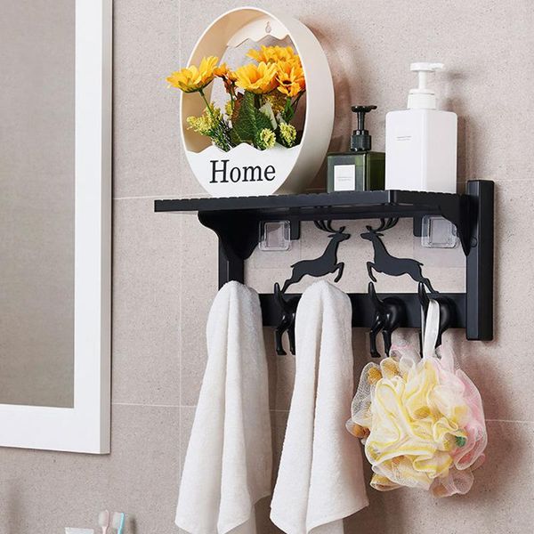 

hooks & rails wall-mount coat rack with 5 punch-wall shelf hook rail for hallway bathroom closet room ja55