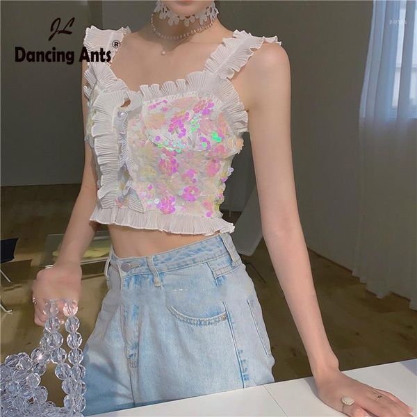 

woman vest strap sequined slim tank sweet girl crop elegant french chic tee1, White