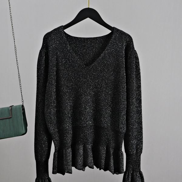 

2021 new v neck women sweater elegant autumn winter pullovers long flare sleeve knitwear soft female jumper pull femme l45e, White;black