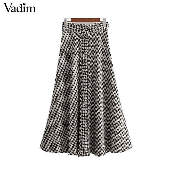 

women retro plaid houndstooth tweed midi skirt tassel patchwork buttons decorate a line pleated basic casual skirts ba769 y200326, Black
