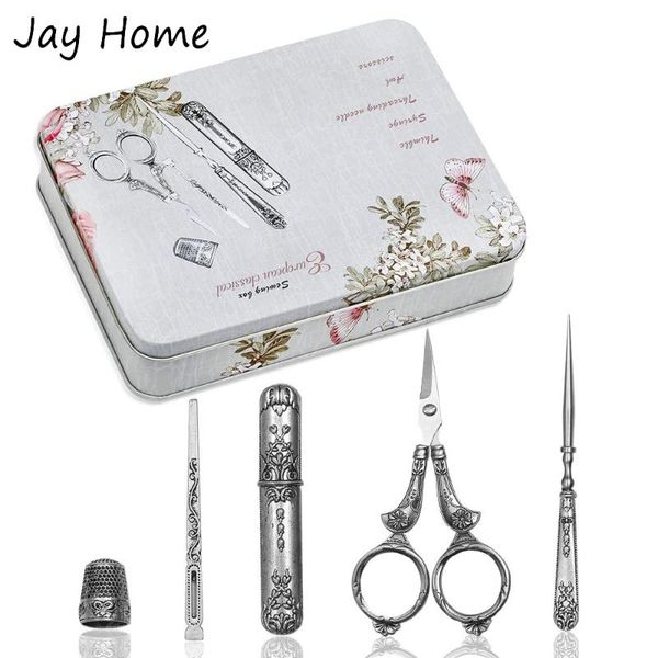 

sewing notions & tools 5pcs embroidery scissors kits vintage needle case/sewing thimble/metal awl with storage box diy needlework, Black