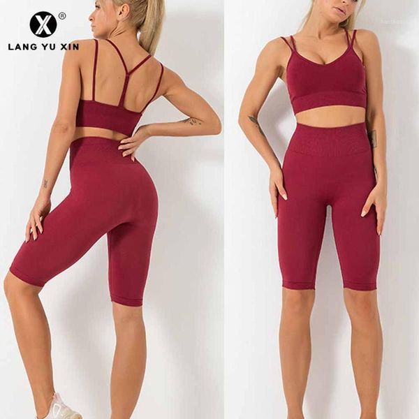 

yoga outfits women's seamless set 2 piece workout wear sports bra high waist shorts sportswear track and field set1, White;red