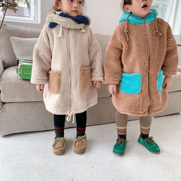 

new children's autumn wear winter 2020 woolen zipper sweater with plush and thickened hooded long coat cotton padded et ae12, Black