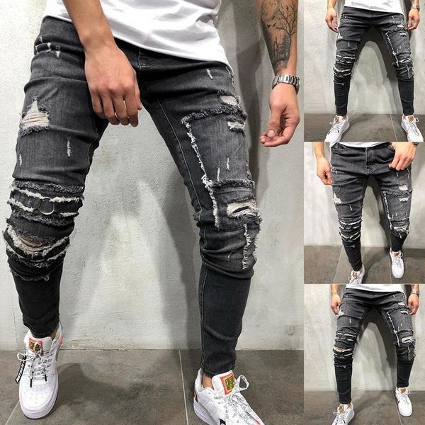 

new slim fit tight-fitting hole jeans men hombre skinny jeans buttom denim pencil pants plus size autumn trousers male1, Blue
