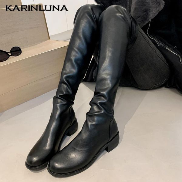 

boots 2021 design dropship stretch woman booties solid round toe chunky heels slip-on autumn female shoes, Black