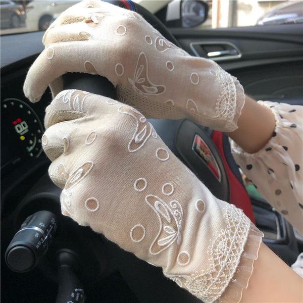 

five fingers gloves summer women' thin cotton anti-uv touch screen female elegant full finger butterfly lace driving sunscreen1, Blue;gray