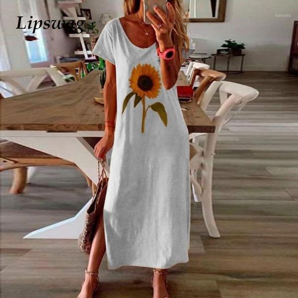 

women daisy sunflower print summer beach dress vintage o neck short sleeve dresses robe elegant split long boho dress vestidos1, White;black