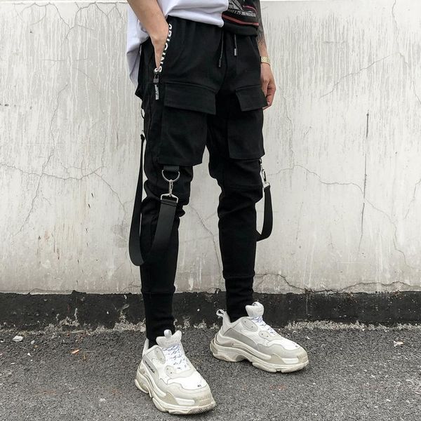 

men's pants multi-pocket pencil mens hip hop patchwork cargo ripped sweatpants joggers trousers male fashion casual full length pants1, Black