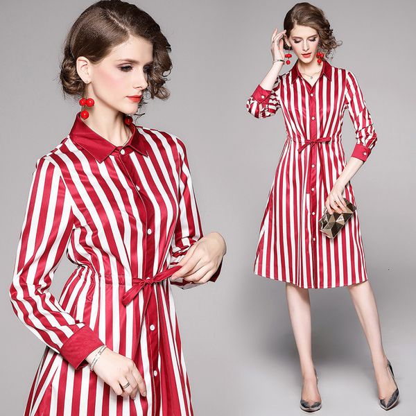 

2021 new fashion turn-down collar red striped shirt women full sleeve button down lace-up spring summer plus size vestidos b8bo, Black;gray