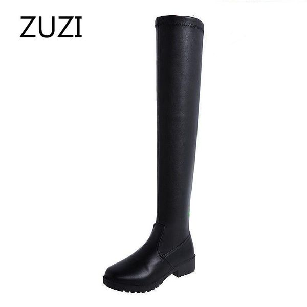 

boots zuzi 2021 women's pu leather over-the-knee thin flat-bottomed low-mid-heeled long high-barrel elastic, Black