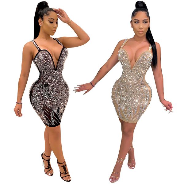 

echoine pearls diamonds sheer mesh dress woman spaghetti straps v neck bodycon mini dresses christmas night club party wear y0118, Black;gray
