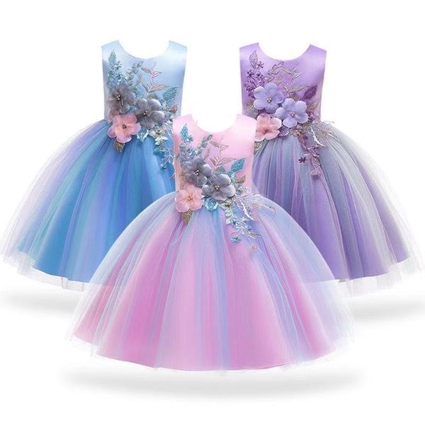 

spring new years flower dress for girl evening party wedding kids dress for girl children's mesh performance clothes, Red;yellow