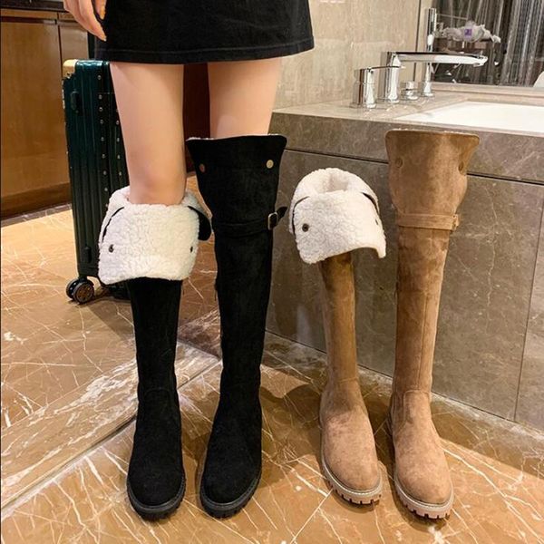 

boots over-the-knee women shoes woman flat round toe short fur warm 2021 winter zipper flock d615, Black