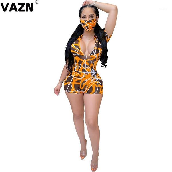 

vazn 2020 summer striped club young novelty soft elastic deep v-neck short sleeve high waist women playsuits1, Black;white