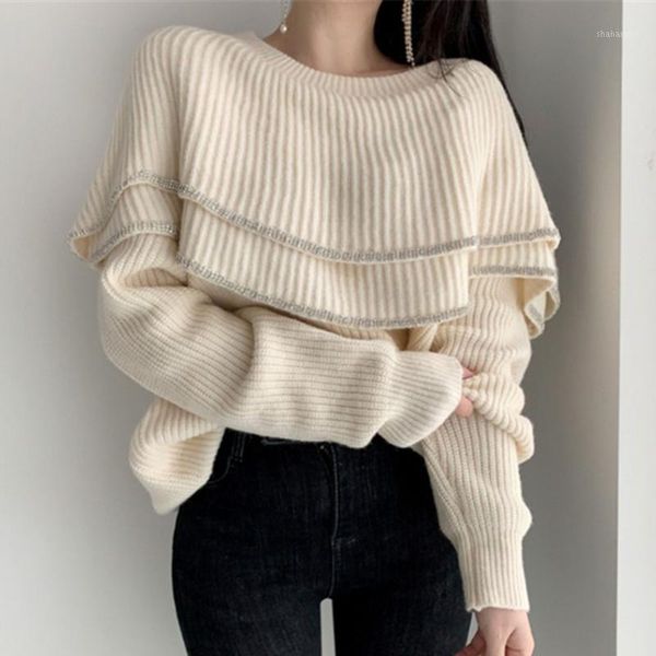 

2020 autumn sweater ladies double layer lotus leaf collar design bright silk edging new sweater women casual pullover1, White;black