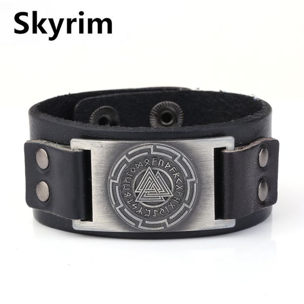 

bangle skyrim viking odin 24 norse runes charm bracelets slavic amulet adjustable vintage punk men wristband cuff leather bracelet gift, Black