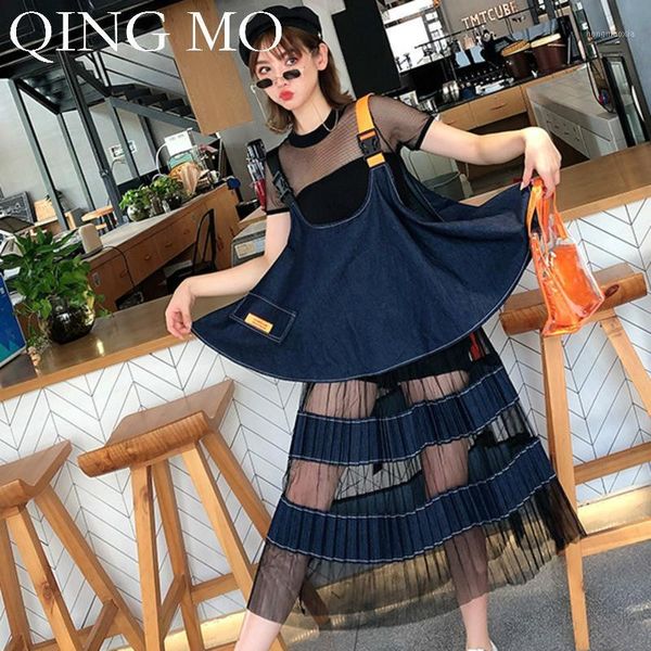

qing mo women fake two pieces set women denim patchwork mesh dress summer casual loose dress personality zqy9401, Black;gray