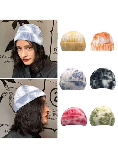 Мужская зима теплая ребристые Вязаная шапочка Cap Gradient Tie-Dye Harajuku Хип-хоп Лыжи Короткие Melon наручниках Череп Hat