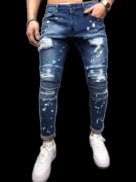 

men stretch destroyed ripped paint point design fashion ankle zipper pencil jeans draped ny long pants male, Blue