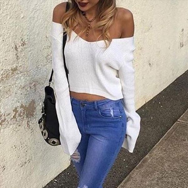 

women sweater v neck long sleeve knitting crop knitwear blouse white autumn winter pull femme nouveaute t1g, White;black