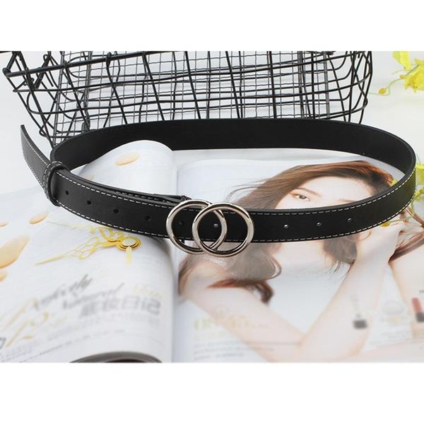 

new double ring round circle buckle gold ladies pu leather belt thin fashion wild personality knotted decorative belts for women, Black;brown
