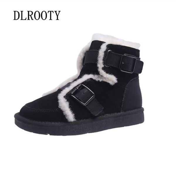 

women snow boots martin ankle winter warm plush female casual shoes flat fashion platform round toe thick sole buckle, Black