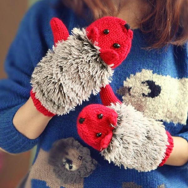 

five fingers gloves women winter knitted crochet mittens full finger cotton girls cartoon fleece hedgehog ski, Blue;gray