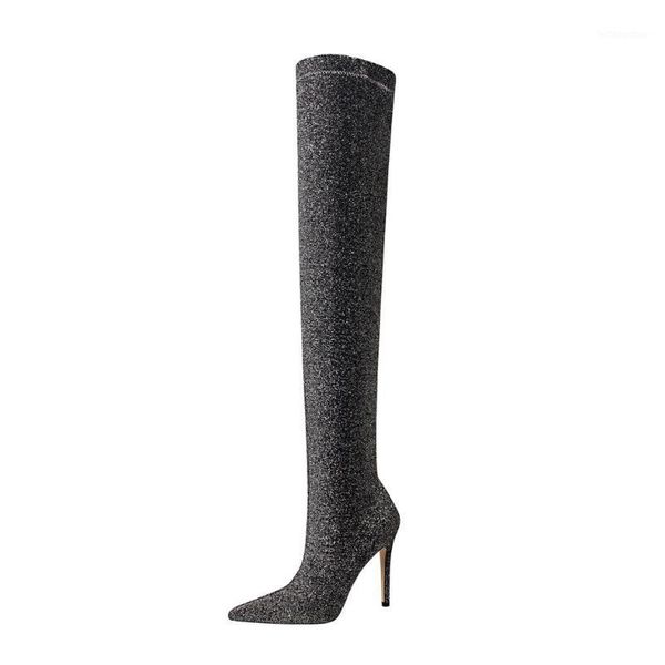 

meriahzheng fashion shining sequined stretch cloth nightclub slim pointed knee high heel boots ds-125-21, Black