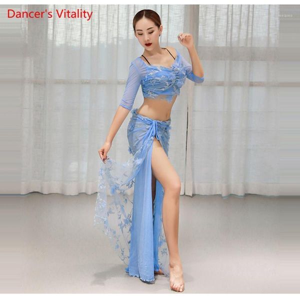 

comfortable mesh belly dance costume women 2pcs set slit side skirt oriental dance short sleeve dress1, Black;red