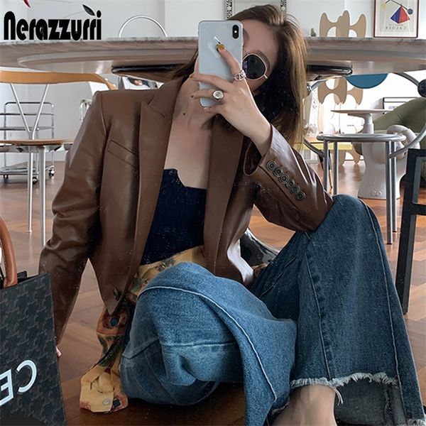 

nerazzurri brown cropped leather jacket women long sleeve leather blazers women black leather plus size clothes for women 201226
