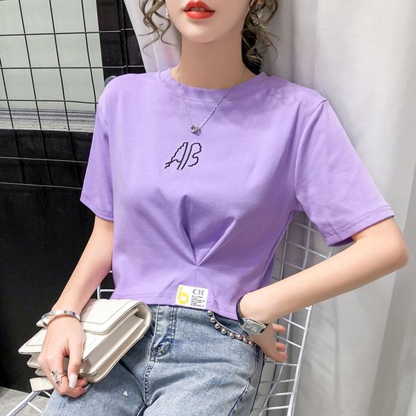 

short t-shirt women 2020 new summer women's korean fashion versatile coat t-shirt round neck pleated short sleeves wyfcl, White