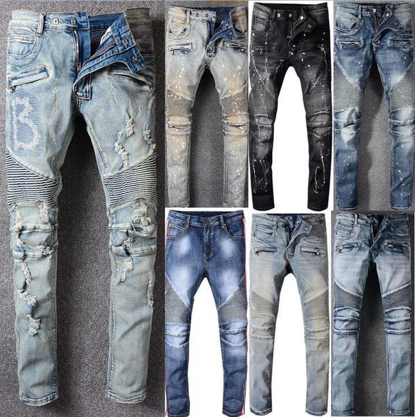 

mens ripped biker jeans slim fit motorcycle biker denim for men fashion jean pants hip hop mens jeans, Blue
