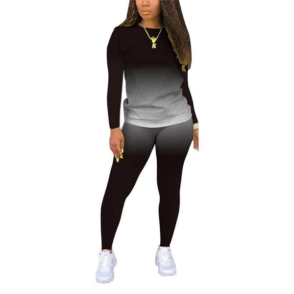 

fashion women clothes sets gradient color long sleeve shirt +long pant homewear ladies 2pcs outfit, Gray
