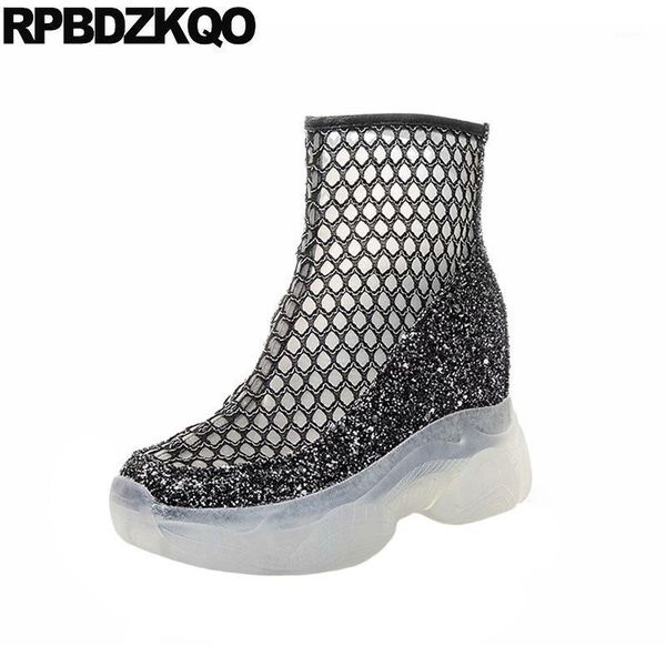 

boots black casual high heel mesh sandals white women platform sneakers transparent cut out clear shoes wedge sequin glitter1