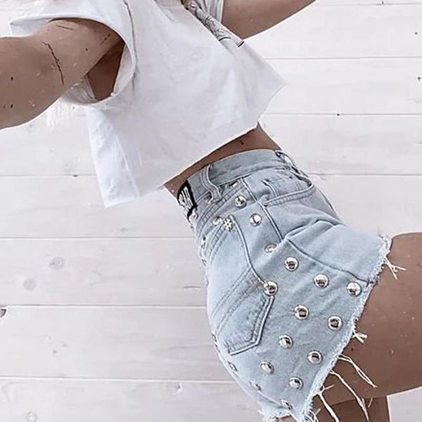 

2020 new straight pants rivet washing water jeans shorts summer women, White;black