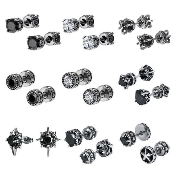 

16g punk rock stud earrings men women gothic black crystal ear studs stainless steel earring crown round retro vintage jewelry, Golden;silver