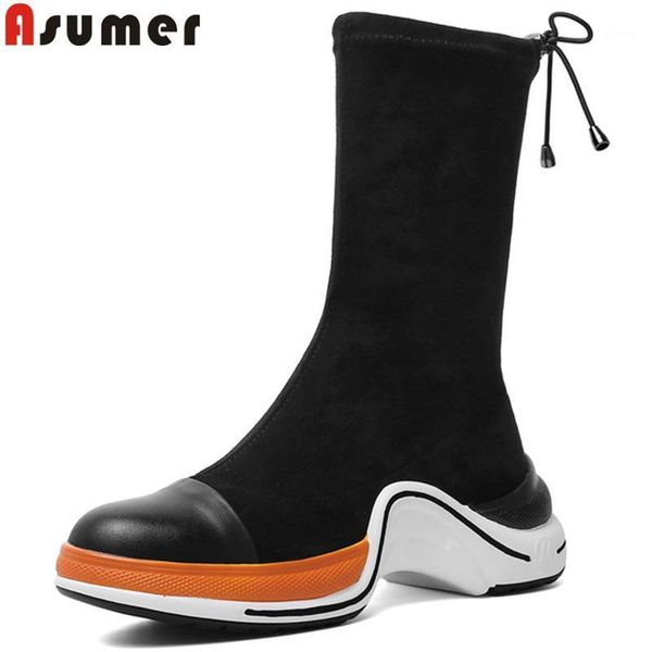 

asumer big size 34-43 fashion ankle boots for women suede leather boots flat platform slip on autumn winter ladies 20201, Black