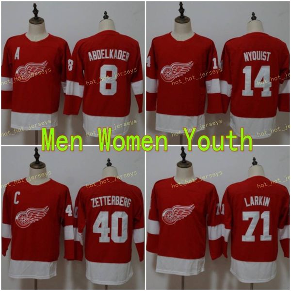 

2021 women youth detroit red wings hockey jersey 71 dylan larkin 14 gustav nyquist 8 justin abdelkader 40 henrik zetterberg kids lady shirt, Black;red