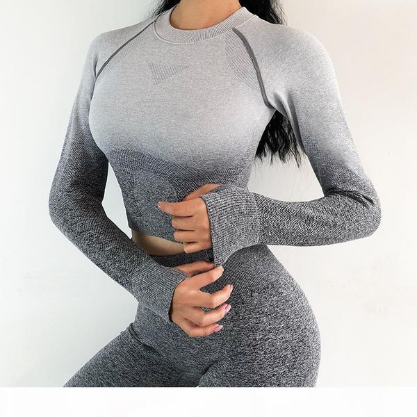 

women yoga set gym clothing ombre seamless gradient leggings +long sleeve workout sport suit women fitness set active wear s-l, Gray