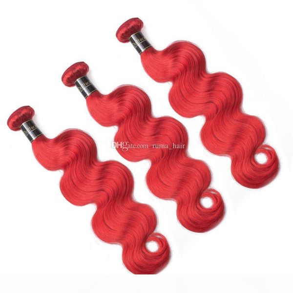 

red human body wave hair extension pure color red indian virgin hair 3ps lot red hair weft deals 8a grade ing, Black;brown