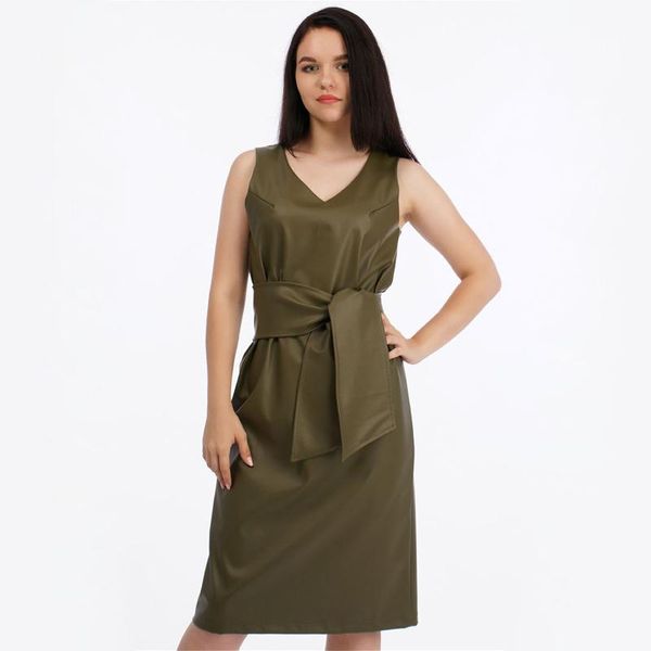

party deep v-neck belt pu leather dresses woman basic solid sleeveless straight dresses knee-length dress 2021 new fashion, Black;gray