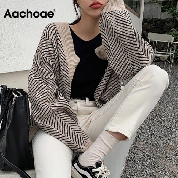 

aachoae knitted striped cardigan sweater women fashion patchwork spring long sleeve casual outwears v neck buttons coat 210204, White;black