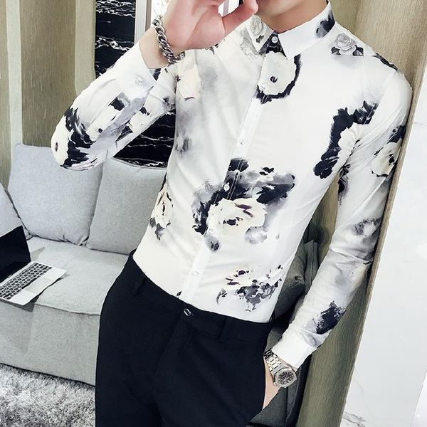 

men's dress shirts spring korean printing tide self-cultivation long sleeve shirt comfort mens casual camisas masculina, White;black