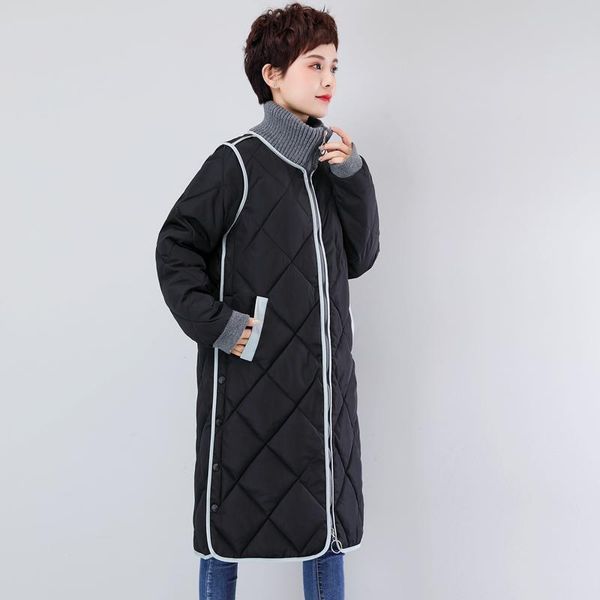 

2021 winter long woman parkas plus size thick women's jackets 2021 solid stand collar with buttons cotton padded casual coats, Black