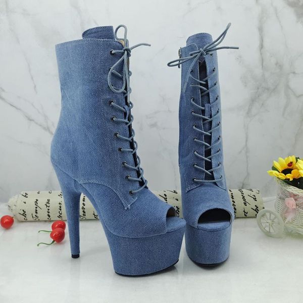 

leecabe 17cm/7inches pole dance boot with denim high heel platform, Black