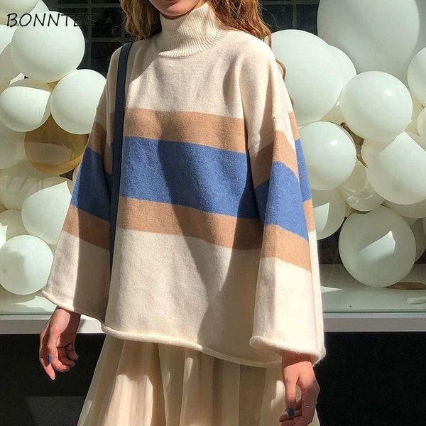 

turtleneck sweater women ulzzang chic loose fashion all-match preppy teens knitted pullover daily popular patchwork design ins, White;black