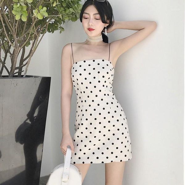 

spaghetti strap dresses for women summer new dot print mini dress fashion slim fit bodycon dress1, Black;gray